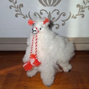 White and Red Wool Llama Figurine